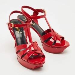 Pre Owned Saint Laurent Dark Red Patent Leather Tribute Platform Sandals Size 36