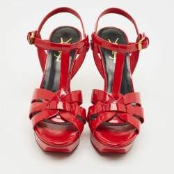Pre Owned Saint Laurent Dark Red Patent Leather Tribute Platform Sandals Size 36