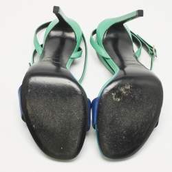 Pre Owned Saint Laurent Paris Blue/Green Leather Jane Ankle Strap Sandals Size 37.5