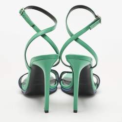 Pre Owned Saint Laurent Paris Blue/Green Leather Jane Ankle Strap Sandals Size 37.5