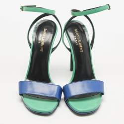 Pre Owned Saint Laurent Paris Blue/Green Leather Jane Ankle Strap Sandals Size 37.5