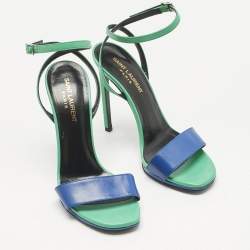 Pre Owned Saint Laurent Paris Blue/Green Leather Jane Ankle Strap Sandals Size 37.5