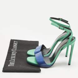 Pre Owned Saint Laurent Paris Blue/Green Leather Jane Ankle Strap Sandals Size 37.5