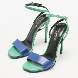 Pre Owned Saint Laurent Paris Blue/Green Leather Jane Ankle Strap Sandals Size 37.5