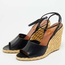 Pre Owned Saint Laurent Black Leather Wedge Espadrille Sandals Size 40.5