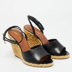 Pre Owned Saint Laurent Black Leather Wedge Espadrille Sandals Size 40.5