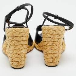 Pre Owned Saint Laurent Black Leather Wedge Espadrille Sandals Size 40.5
