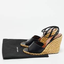 Pre Owned Saint Laurent Black Leather Wedge Espadrille Sandals Size 40.5