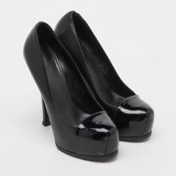 Pre Owned Saint Laurent Black Leather and Patent Leather Cap Toe Tribtoo Platform Pumps Size 38