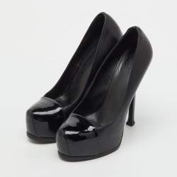 Pre Owned Saint Laurent Black Leather and Patent Leather Cap Toe Tribtoo Platform Pumps Size 38
