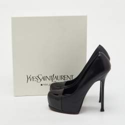 Pre Owned Saint Laurent Black Leather and Patent Leather Cap Toe Tribtoo Platform Pumps Size 38