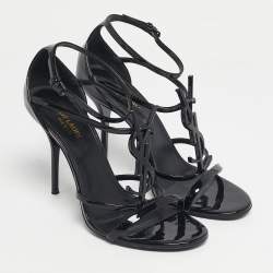 مملوكة مسبقًا Saint Laurent Black Leather Cassandra Ankle Strap Sandals Size 38