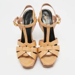 Pre Owned Saint Laurent Beige Patent Leather Tribute Platform Sandals Size 40