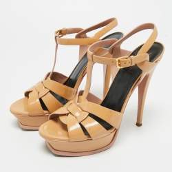 Pre Owned Saint Laurent Beige Patent Leather Tribute Platform Sandals Size 40