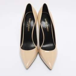 Pre Owned Saint Laurent Beige Patent Leather Anja Pointed Toe Pumps Size 38