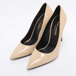 Pre Owned Saint Laurent Beige Patent Leather Anja Pointed Toe Pumps Size 38
