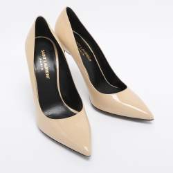 Pre Owned Saint Laurent Beige Patent Leather Anja Pointed Toe Pumps Size 38