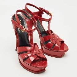 Pre Owned Saint Laurent  Red Patent Leather Tribute Platform Sandals Size 39
