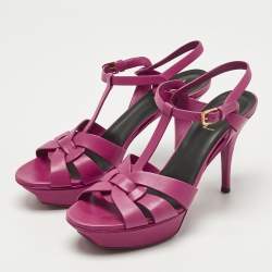 Pre Owned Saint Laurent Purple Leather Tribute Platform Sandals Size 41.5
