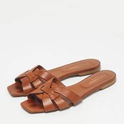 Pre Owned Saint Laurent Brown Leather Tribute Flat Slides Size 38.5