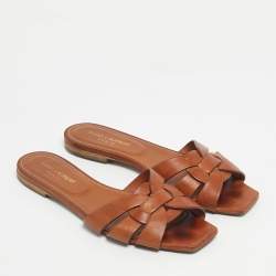 Pre Owned Saint Laurent Brown Leather Tribute Flat Slides Size 38.5