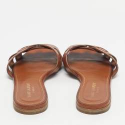 Pre Owned Saint Laurent Brown Leather Tribute Flat Slides Size 38.5