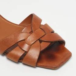 Pre Owned Saint Laurent Brown Leather Tribute Flat Slides Size 38.5