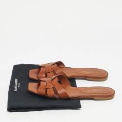 Pre Owned Saint Laurent Brown Leather Tribute Flat Slides Size 38.5