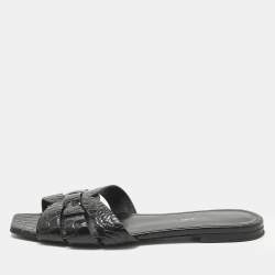 Pre Owned Saint Laurent Black Croc Embossed Patent Leather Tribute Flat Slides Size 38.5