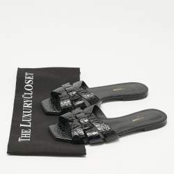 Pre Owned Saint Laurent Black Croc Embossed Patent Leather Tribute Flat Slides Size 38.5