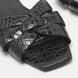 Pre Owned Saint Laurent Black Croc Embossed Patent Leather Tribute Flat Slides Size 38.5