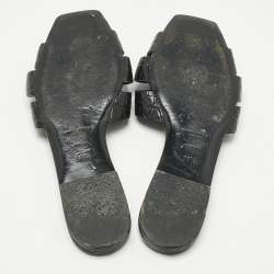 Pre Owned Saint Laurent Black Croc Embossed Patent Leather Tribute Flat Slides Size 38.5
