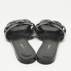 Pre Owned Saint Laurent Black Croc Embossed Patent Leather Tribute Flat Slides Size 38.5