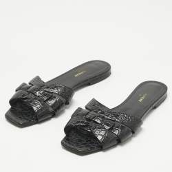 Pre Owned Saint Laurent Black Croc Embossed Patent Leather Tribute Flat Slides Size 38.5