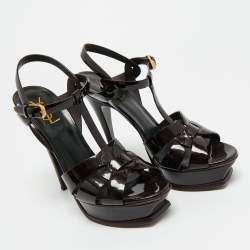 Pre Owned Saint Laurent Burgundy Patent Leather Tribute Platform Sandals Size 40