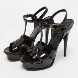 Pre Owned Saint Laurent Burgundy Patent Leather Tribute Platform Sandals Size 40