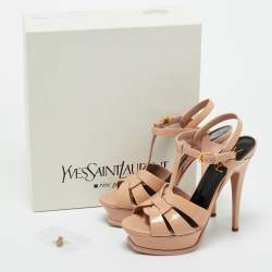 Pre Owned Saint Laurent Beige Patent Leather Tribute Platform Ankle Strap Sandals Size 37