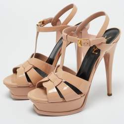 Pre Owned Saint Laurent Beige Patent Leather Tribute Platform Ankle Strap Sandals Size 37