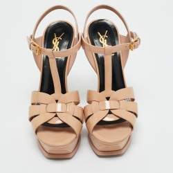 Pre Owned Saint Laurent Beige Patent Leather Tribute Platform Ankle Strap Sandals Size 37