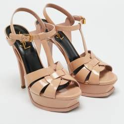 Pre Owned Saint Laurent Beige Patent Leather Tribute Platform Ankle Strap Sandals Size 37