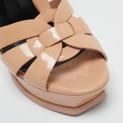 Pre Owned Saint Laurent Beige Patent Leather Tribute Platform Ankle Strap Sandals Size 37