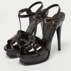 مملوكة مسبقًا صندل سان لوران سيْر كاحل نعل سميك Tribute جلد لامع بوردو مقاس 37