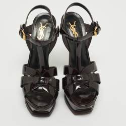 مملوكة مسبقًا صندل سان لوران سيْر كاحل نعل سميك Tribute جلد لامع بوردو مقاس 37