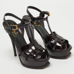 مملوكة مسبقًا صندل سان لوران سيْر كاحل نعل سميك Tribute جلد لامع بوردو مقاس 37