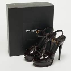 مملوكة مسبقًا صندل سان لوران سيْر كاحل نعل سميك Tribute جلد لامع بوردو مقاس 37