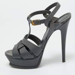 Pre Owned Saint Laurent Grey Leather Tribute Platform Sandals Size 37