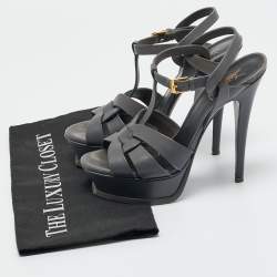 Pre Owned Saint Laurent Grey Leather Tribute Platform Sandals Size 37