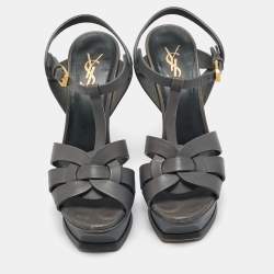 Pre Owned Saint Laurent Grey Leather Tribute Platform Sandals Size 37
