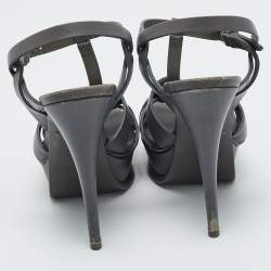 Pre Owned Saint Laurent Grey Leather Tribute Platform Sandals Size 37