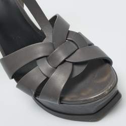 Pre Owned Saint Laurent Grey Leather Tribute Platform Sandals Size 37